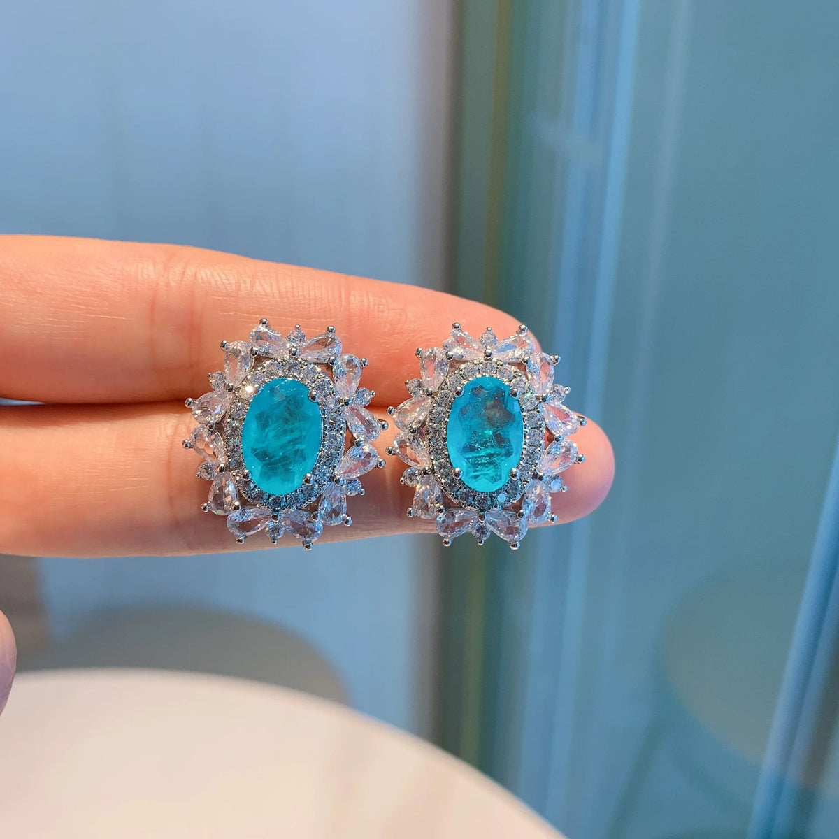 Gemfiori New European and American Style Retro Sea Blue Jewelry Set Zircon Pendant Ring Earrings