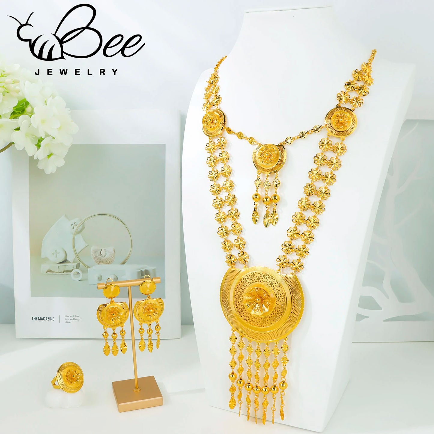 Luxury Traditional Indian 24k Gold Bridal Wedding Jewelry Set Gold Alloy Beads Long Necklace Earrings Jewelry For Evening Party