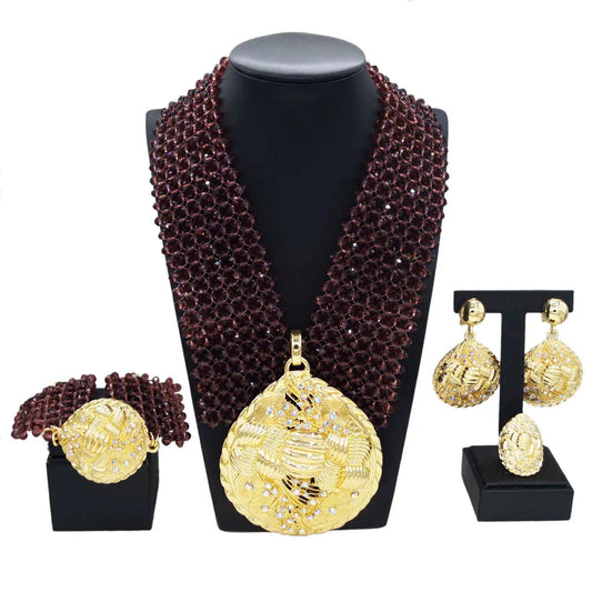 Zhuerrui Fashionable Gold Plated Jewelry Sets Wine Red Beads Necklace Jewelry Set Available Women's Birthday Party Gift H40033