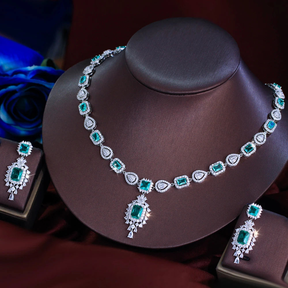 Silver Plated Light Green Square Cubic Zirconia Jewelry Set Accessories Prom Wedding Bridal Long CZ Earrings Necklace for Women