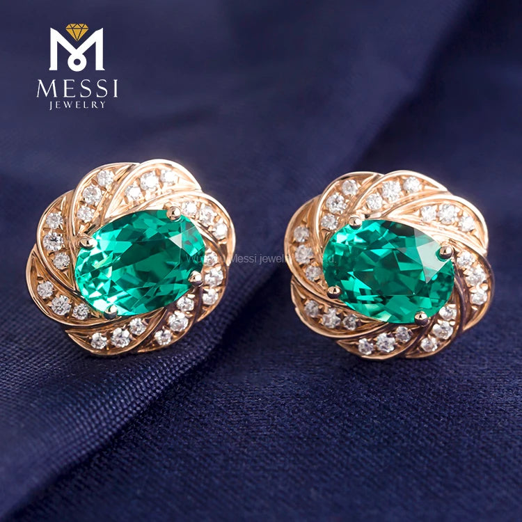 Gemfiori MS-199 Messi Jewelry Oval 14k 18k Gold 2 Carat Lab Created Emerald Earrings Jewellery for Women