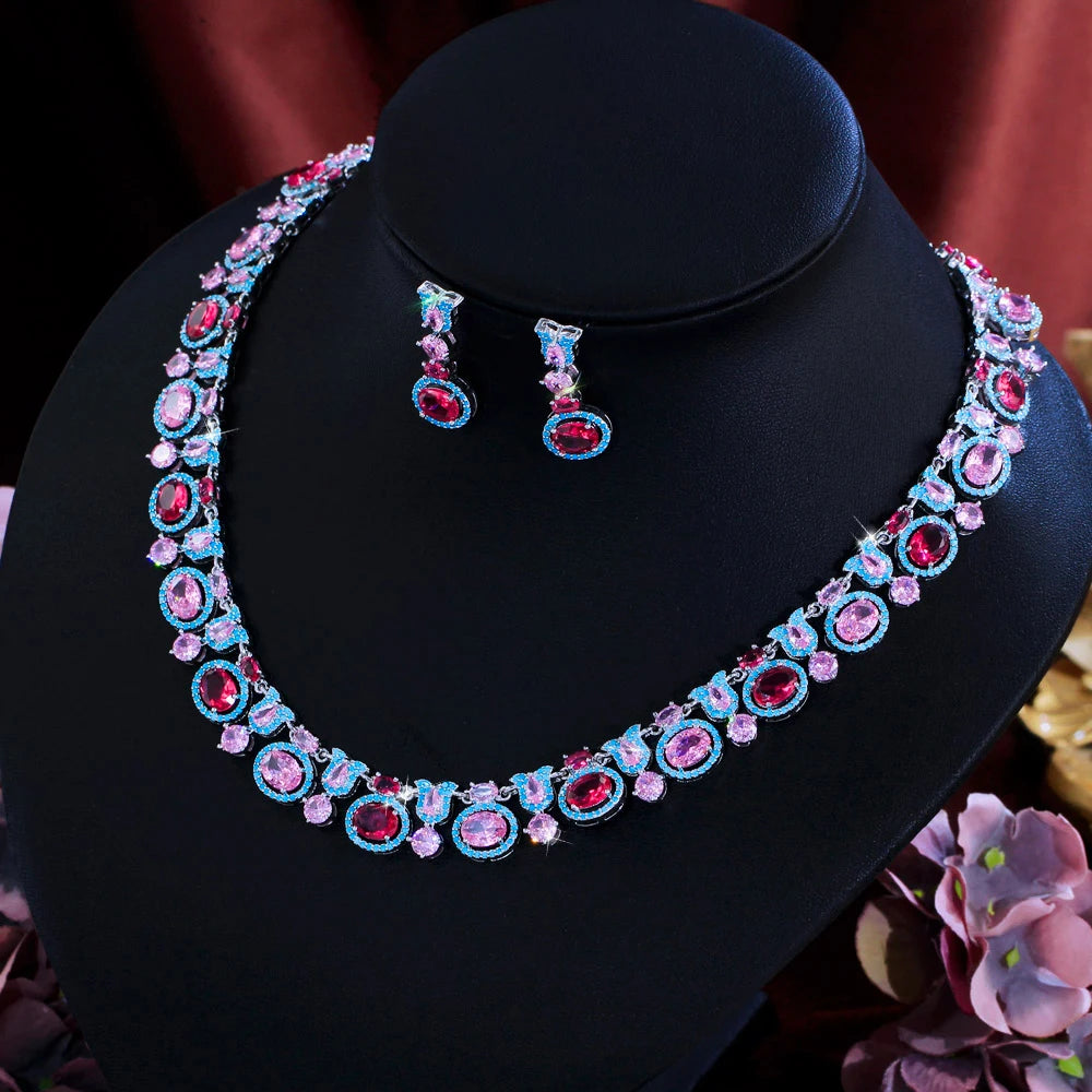 Glamorous Necklace and Earrings Oval Shape Dazzling Cubic Zirconia Blue Red Pink Big Multicolor Jewelry Set for Women Banquet
