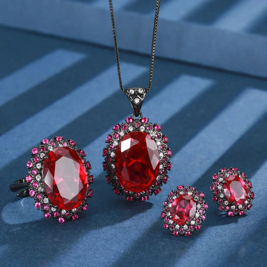 Gemfiori 2025 New Hot Selling Jewelry Red Egg Shaped Zircon Charm Retro Three Piece Set