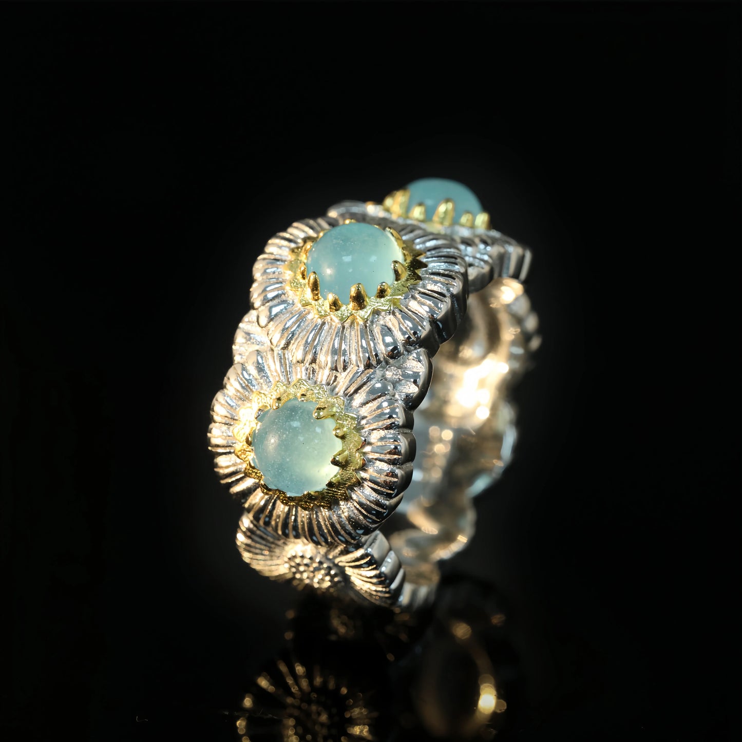 MUSHAN Jewelry Factory Women 925 Sterling Silver Daisy Ring with Blue Agate Opal Fine Jewelry Flower Rings for Anniversaries