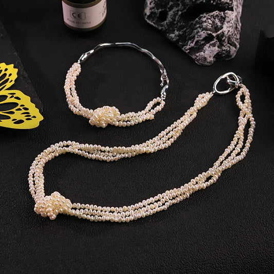 GLSEEVO Natural Freshwater White Pearl Knotted Jewelry Set for Women Wedding Engagement Pearl Necklace Bracelet Dainty Jewelry