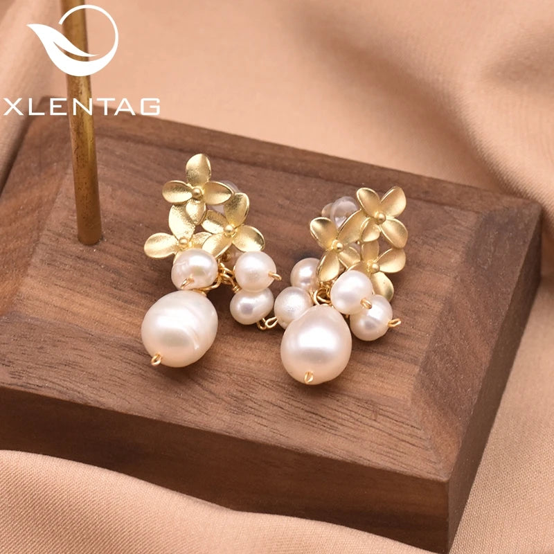 Original Fresh Water Pearl Three Flower Custer Drop Earrings for Women Wedding Engagement Fine Jewelry