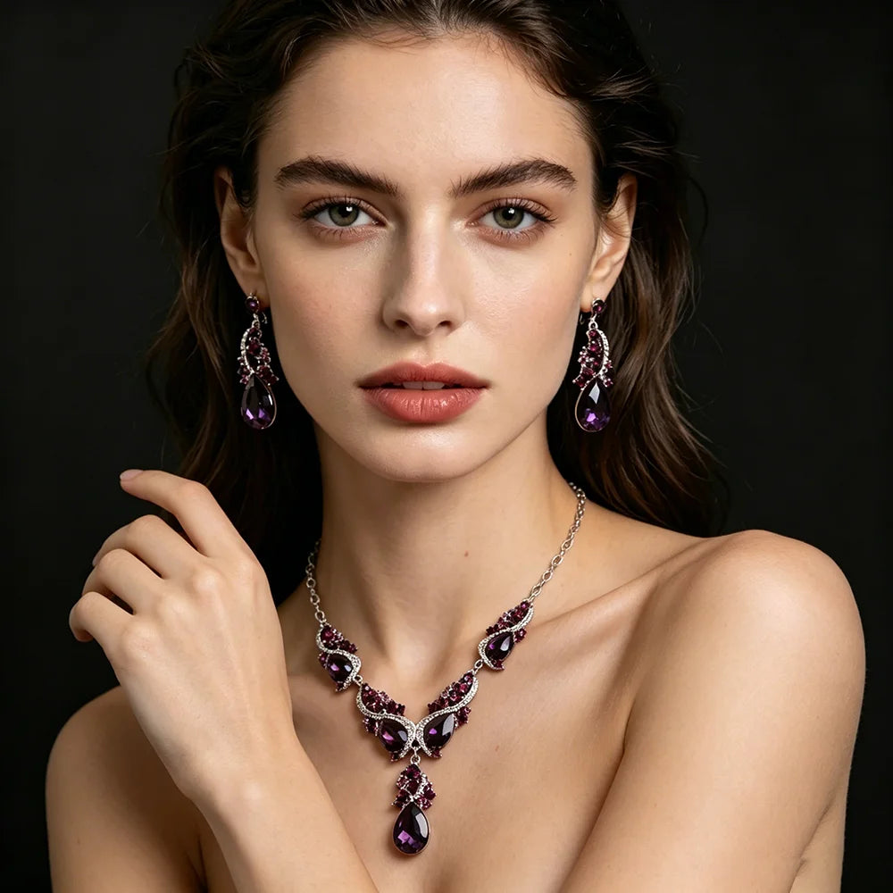 Luxury Princess-Cut Zirconia & Pearl Floral Statement Necklace & Drop Earrings Set — Silver Plated