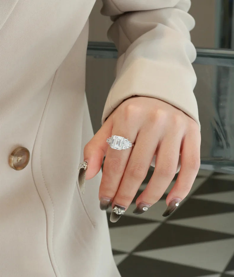 SILVERELLI 8×10mm Emerald Cut High Carbon Diamond Ring | 925 Silver | Platinum Plated