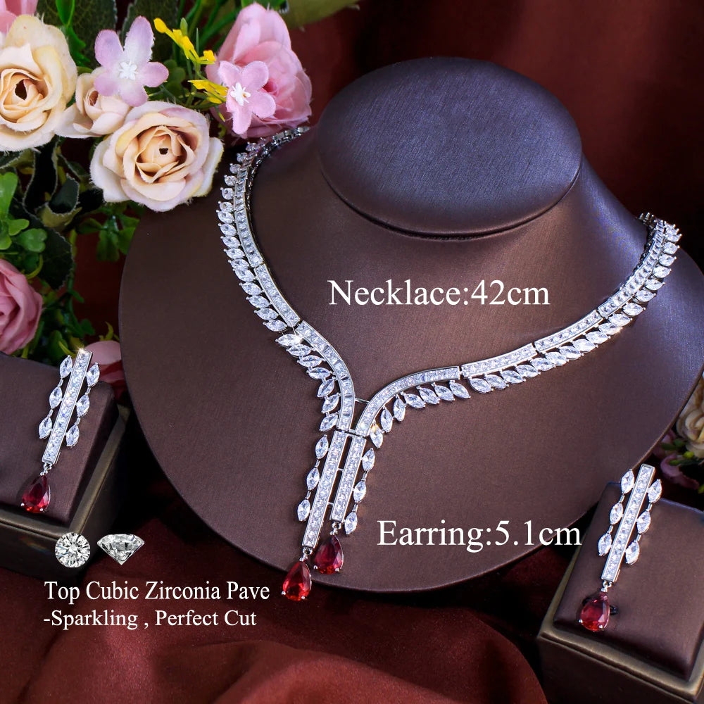 Statement White and Red Cubic Zirconia Stone Luxury Jewelry Set for Women Banquets Dates Parties Necklace Earrings Gifts