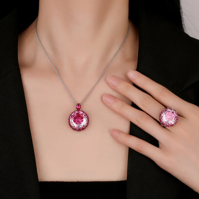 Gemfiori Luxury Women's Jewelry Set Rose Cut Green Crystal Zircon Pendant Necklace Ring Wedding Set