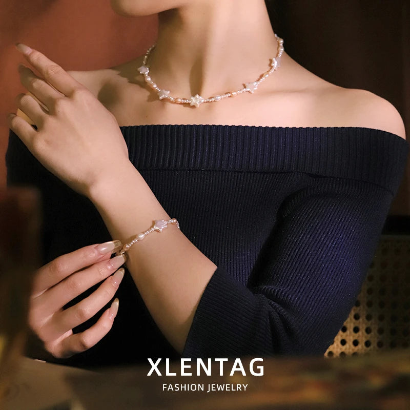GLSEEVO Natural Freshwater Star Shape Pearl Jewelry Set for Women Birthday Party Pearl Necklace Bracelet Set Fashion Jewelry