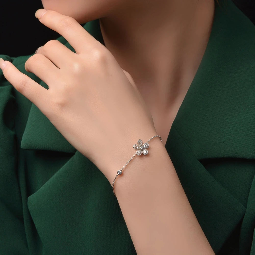 SILVERELLI 925 Silver Luxury Flower & Water Drop Zircon Strand Bracelet | Women's | 19cm