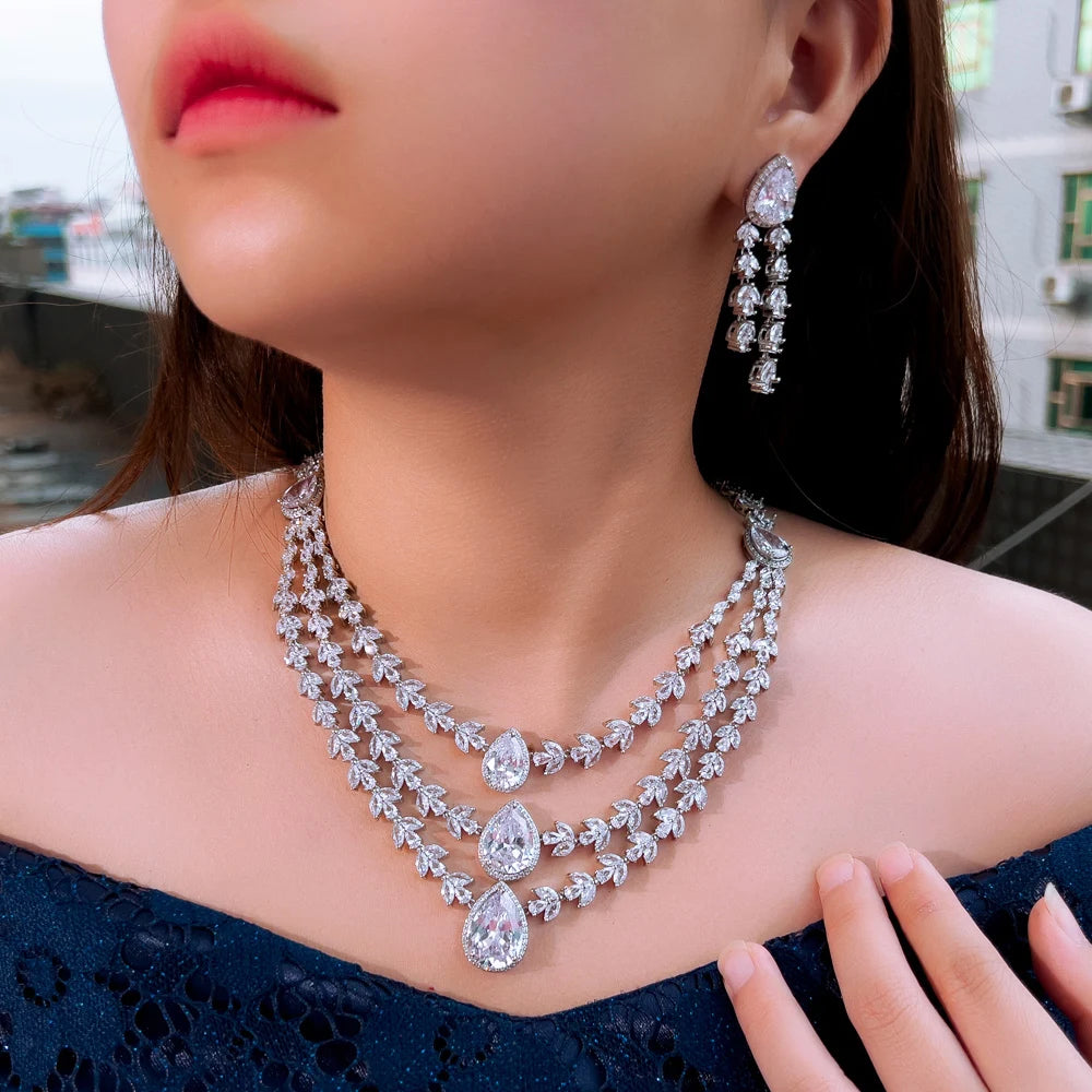 Shiny White Zirconia Water Drop 3 Layers Luxury Leaf Necklace and Earrings Wedding Bridal Big Jewelry Set for Women Party Wear