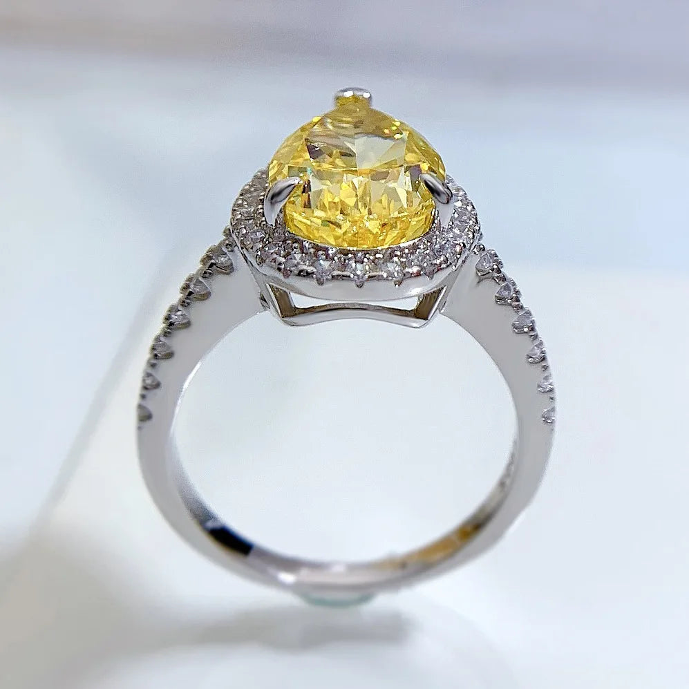 S925 Silver Ring 8 * 12 Yellow Zircon Set with European and American 5-carat Fashion Versatile Ring Boutique Jewelry for Women