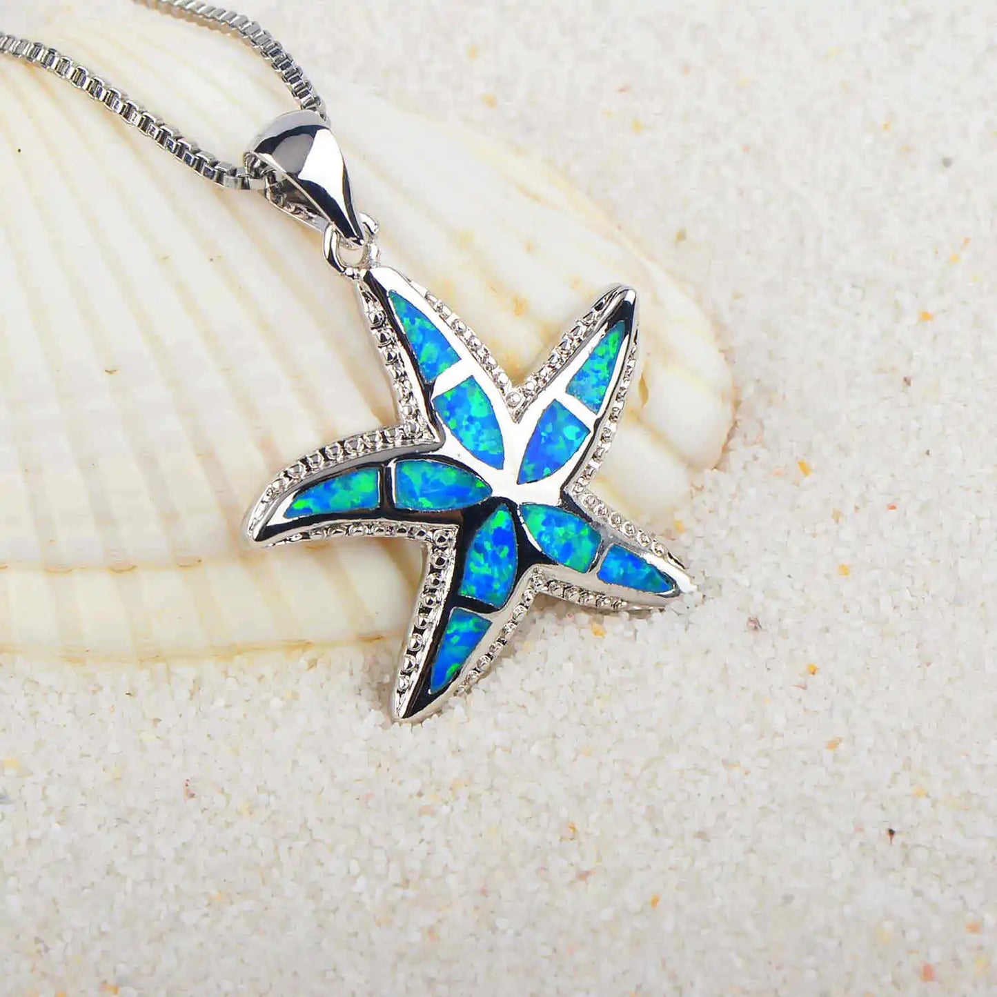 Aobao Fashionable Christian Summer Collarbone Sweater Chain Silver Plated Copper Blue Opal Starfish Necklace