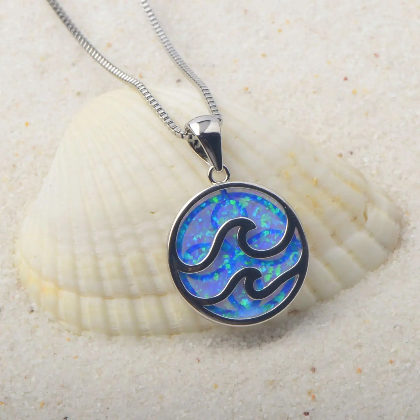 Copper Ocean Wave Opal Disc Pendant Necklace-Silver Plated Lariat Blue Fire Opal Inlay | Coastal Minimalist Jewelry Bulk Gifts