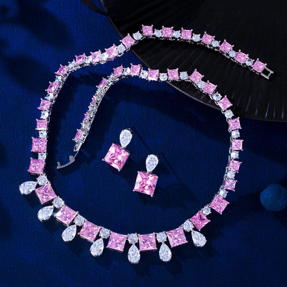 Romantic Pink and White Cubic Zircon Silver Plated Necklace Earring Women Wedding Jewelry Set for Engagement Jewellery Accessory