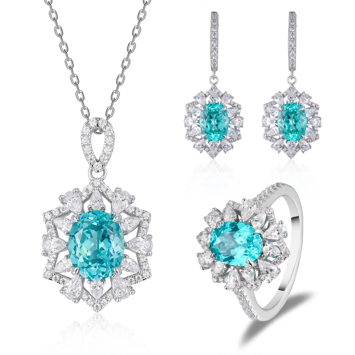 Lab Grown Paraiba Cluster Statement Jewelry Parure Rhodium Plated 925 Sterling Silver Gemstone Jewelry Set for Ball Accessories
