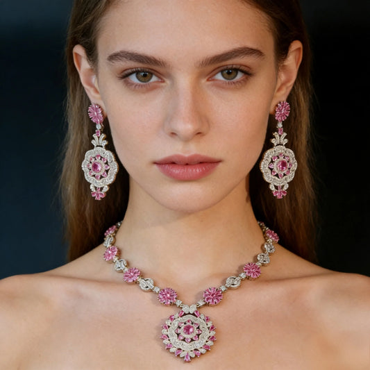 Bella Viva Vintage Floral Round Cubic Zirconia Necklace and Earring Sets, Platinum Plated Brass, Ideal Gift for Formal Occasions