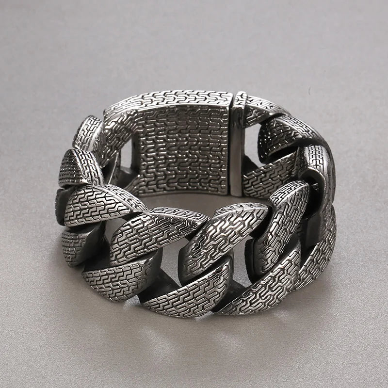 KALEN Men Retro 220mm Stainless Steel Tire Mark Cuban Links Bracelet