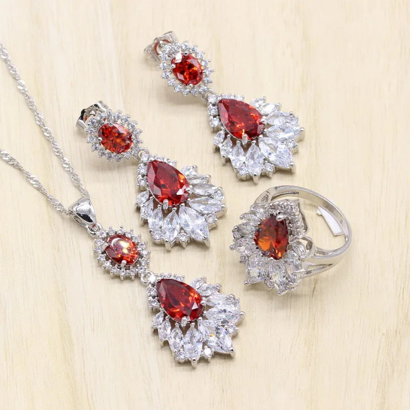 XOTICA Dubai Bridal Accessories Women's Wedding Jewelry Set Water Drop Zirconia Earring Pendant Bracelet Ring Gift Set for Parties