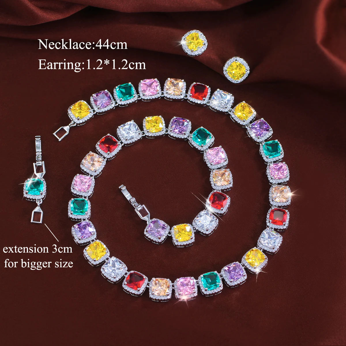 Multicolor CZ Set Rainbow Square Tennis Zircon Chain Link Necklace Earrings Set for Brides Wedding With Rhodium Plated Jewelry