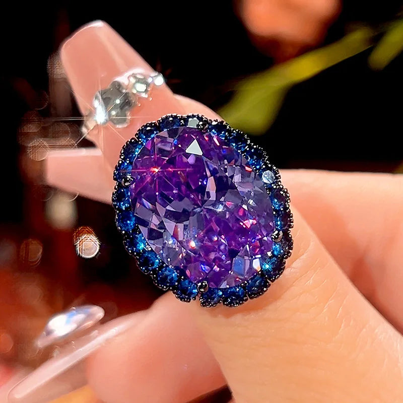 Gemfiori New Dark Blue Zircon Set Personalized Black Gold Ring High Quality Charm Pendant Necklace Earnail Set