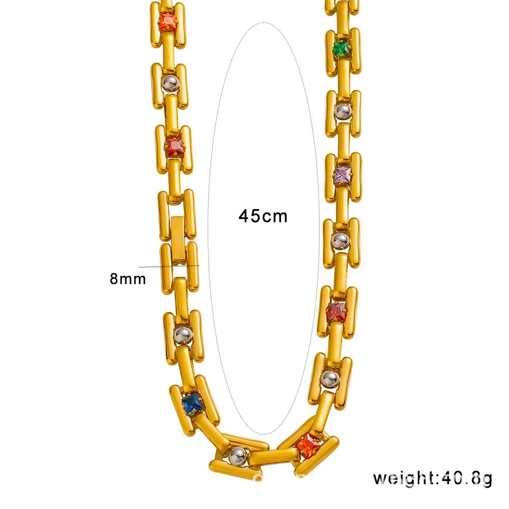 S&S Elegant Stylish Colorful Zircons Bracelet Necklace Jewelry Set Stainless Steel with Real Gold PVD Plating Wedding Gift