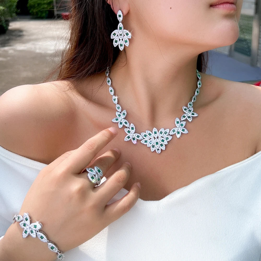 Elegant 4pcs Leaf Shape Cubic Zirconia Stone Bridal Luxury Green Jewelry Set for Women Party Engagement Dress Accessories
