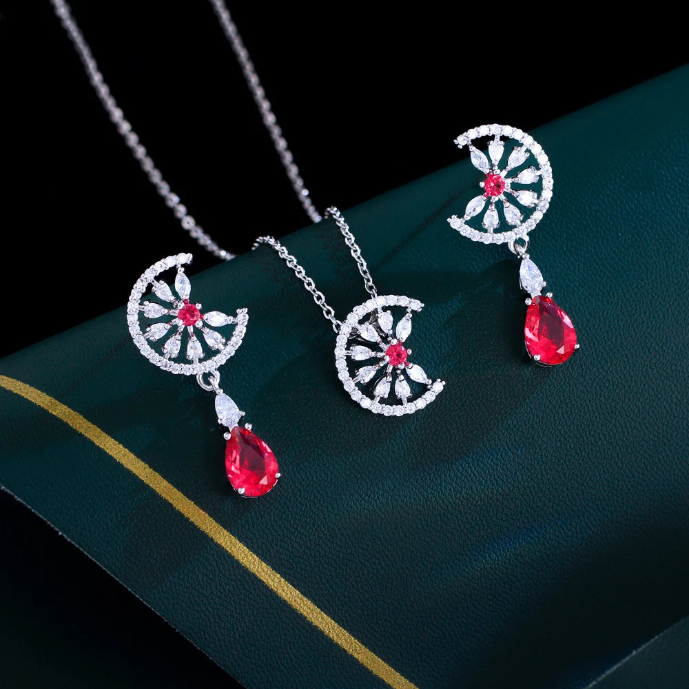 Dainty Blue Water Drop Cubic Zirconia Engagement Half Round Pendant Necklace and Earrings Fashion Jewelry Set for Women