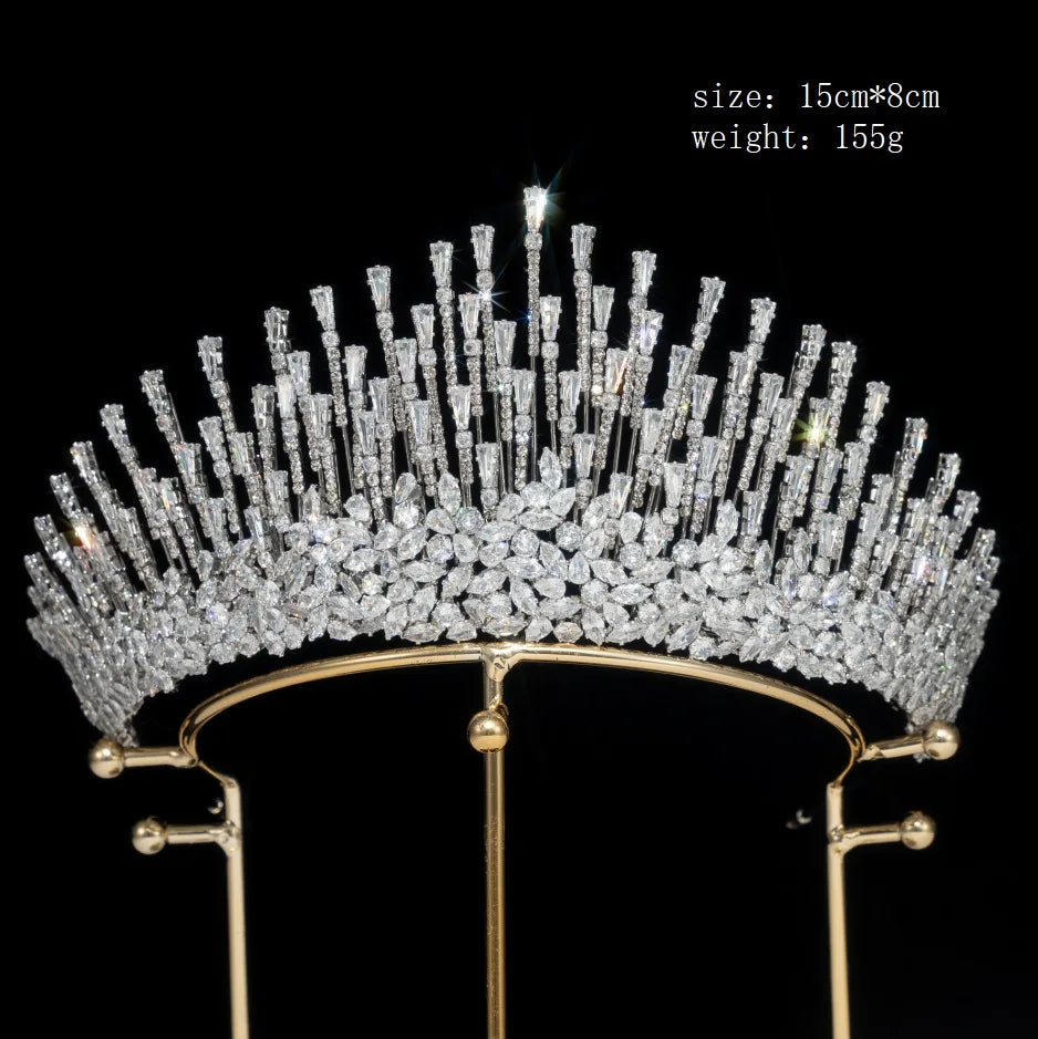 Modern Sunburst Spiked Crystal Tiara for Women Luxury Fringed Zircon Bridal Crown for Wedding Peaked Pageant Crown Tiara
