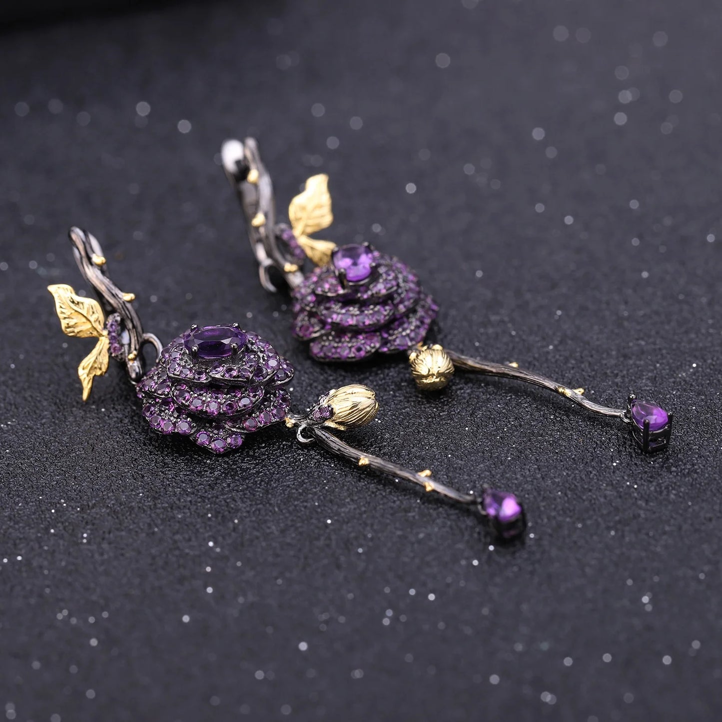 Abiding 925 Sterling Silver Jewellery Natural Amethyst Rose Flower Earrings Ring Jewelry Sets for Women Bijoux