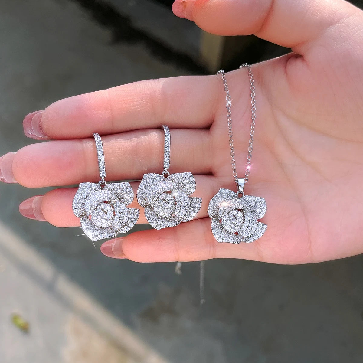 Fashion Brand Geometric Flower Design Cubic Zircon Women Rose Gold Color Earrings Big Pendant Necklace Jewelry Sets for Girls