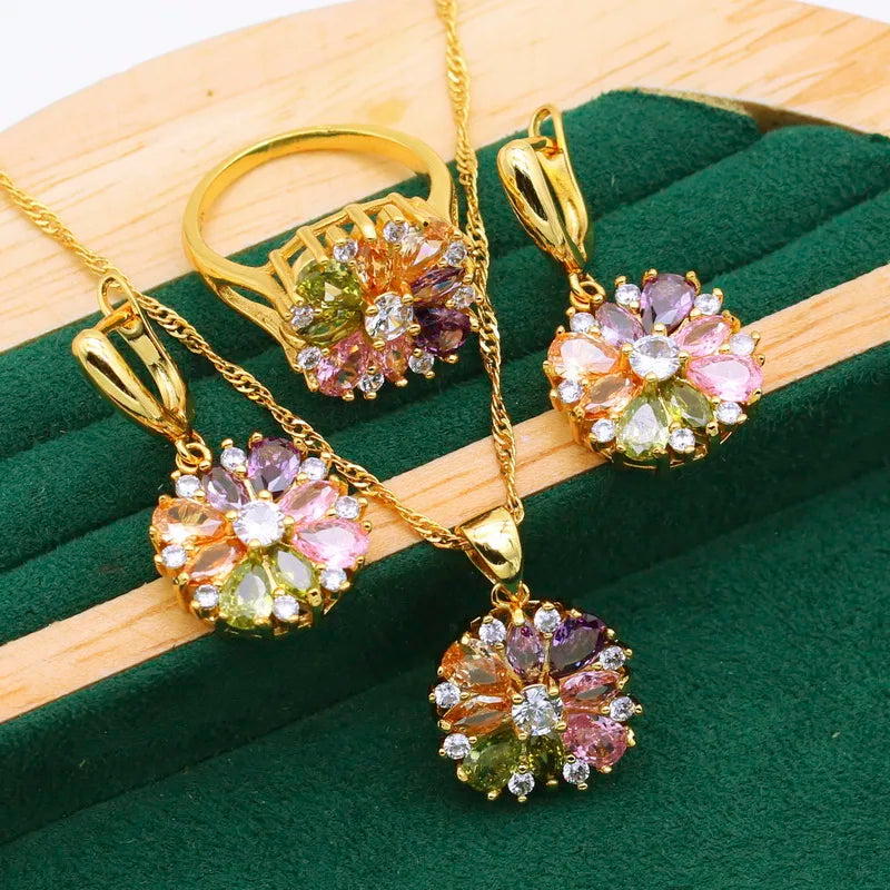 XOTICA Women's Gold Plated Silver Wedding Jewelry Set Multi-Color Zircon Emerald Earrings Bracelet Necklace Ring-for Parties Special