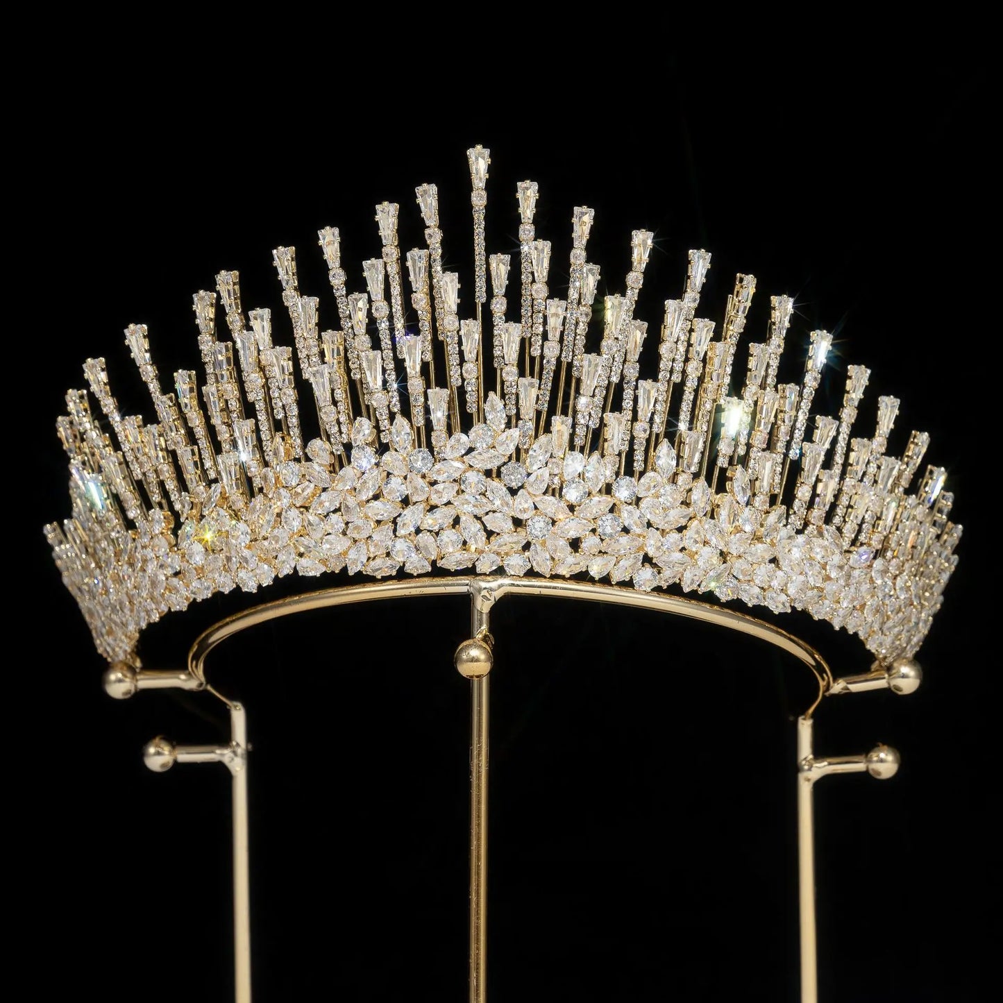 Modern Sunburst Spiked Crystal Tiara for Women Luxury Fringed Zircon Bridal Crown for Wedding Peaked Pageant Crown Tiara