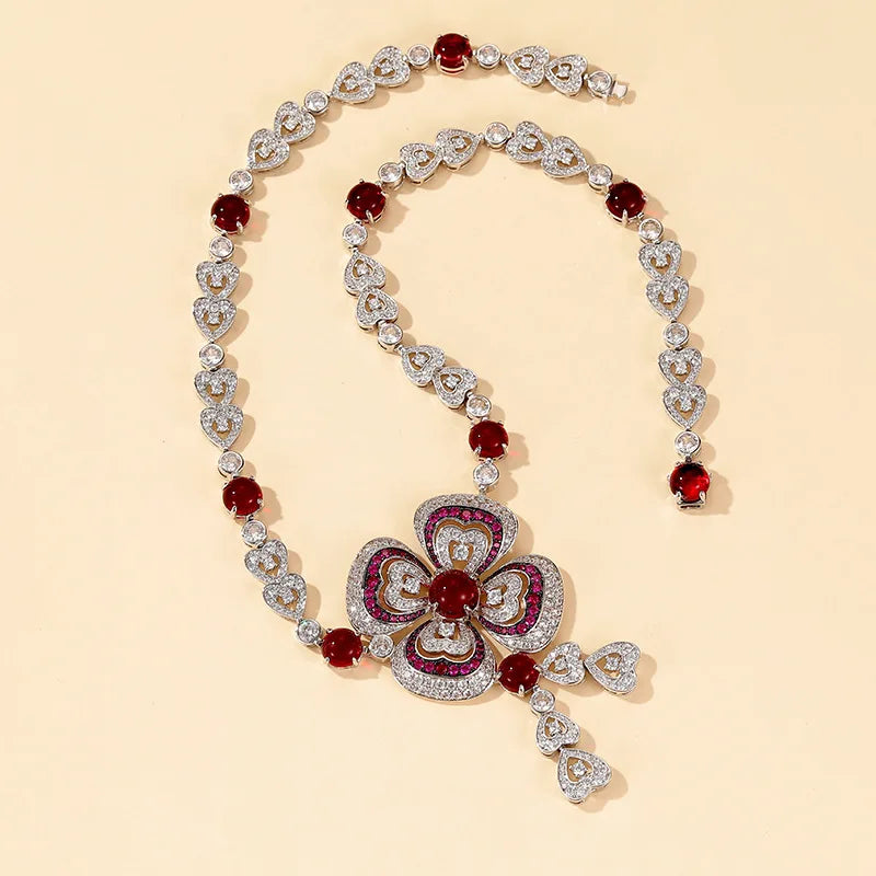 Luxury Round Brilliant Zirconia Floral Middle Eastern 2-Piece Necklace & Earrings Bridal Set — Rhodium Plated