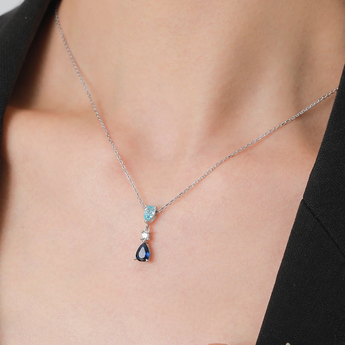 Ailmay 925 Sterling Silver Blue Series Droplet Shaped Zircon Pendant Necklace Earrings Set for Women Wedding Engagement Jewelry