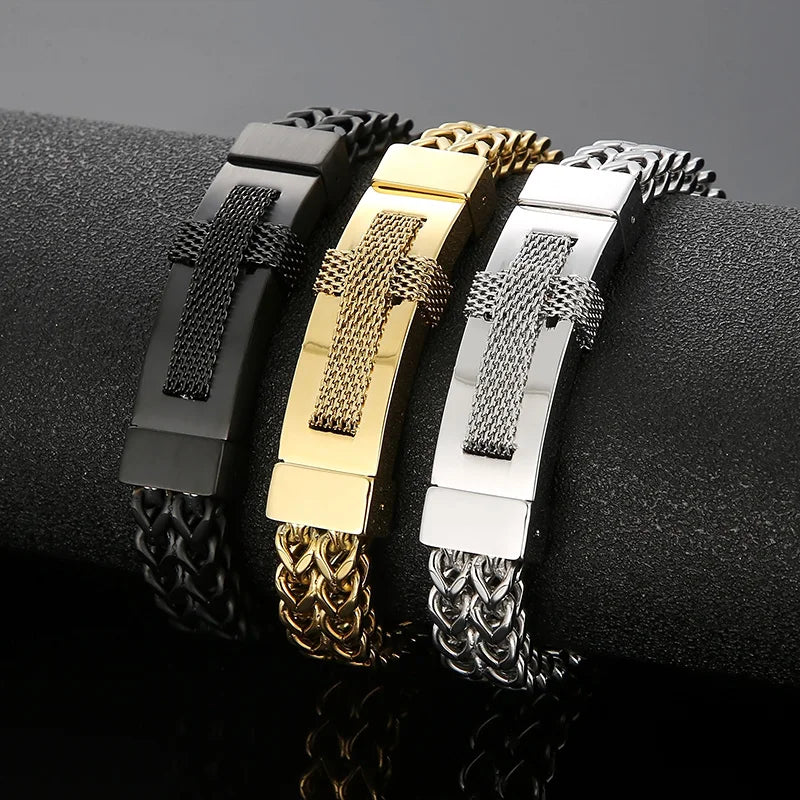 KALEN Men 220mm Silver/Gold/Black Stainless Steel Vintage Herringbone Bracelet With Cross Charm