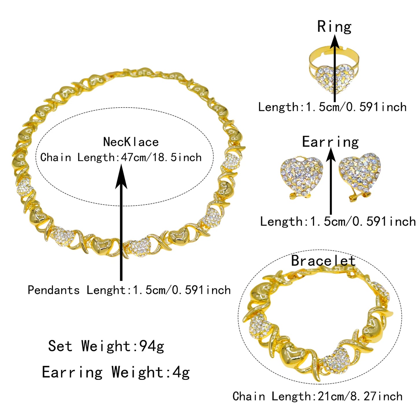Zhuerrui's New Fashion Dating Jewelry Set of Four Pieces, High-end Gold-plated and Diamond-encrusted Heart, Vibrant and Elegant