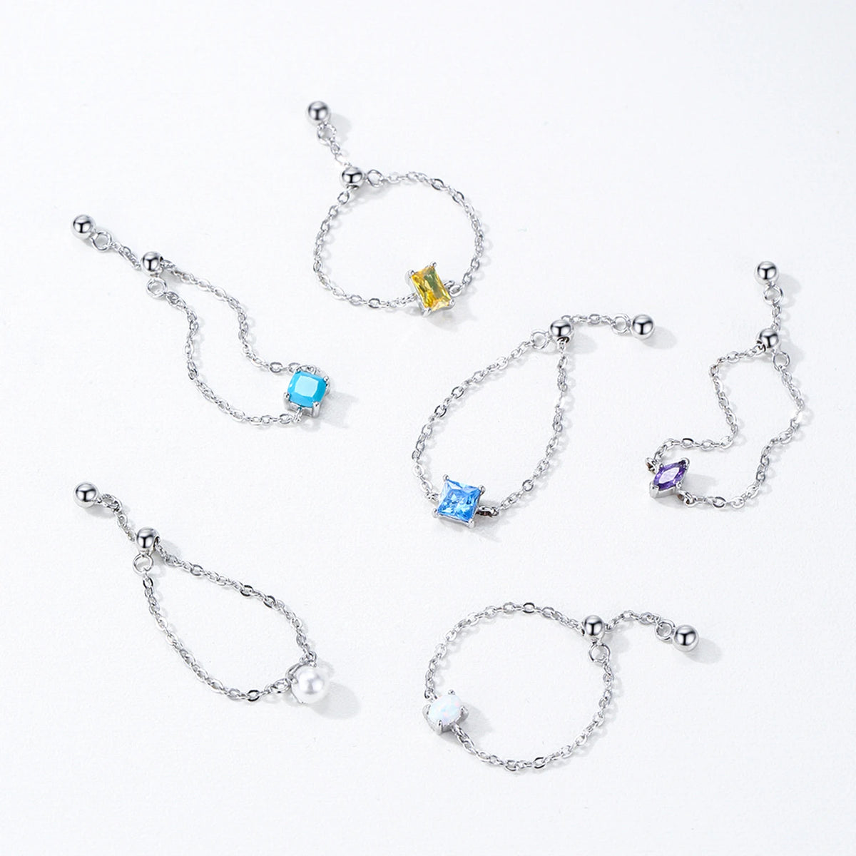 Ailmay Fashion 925 Sterling Silver 12 Month Birthday Stone Adjustable Chain Rings for Women Everyday Wear and As Gifts