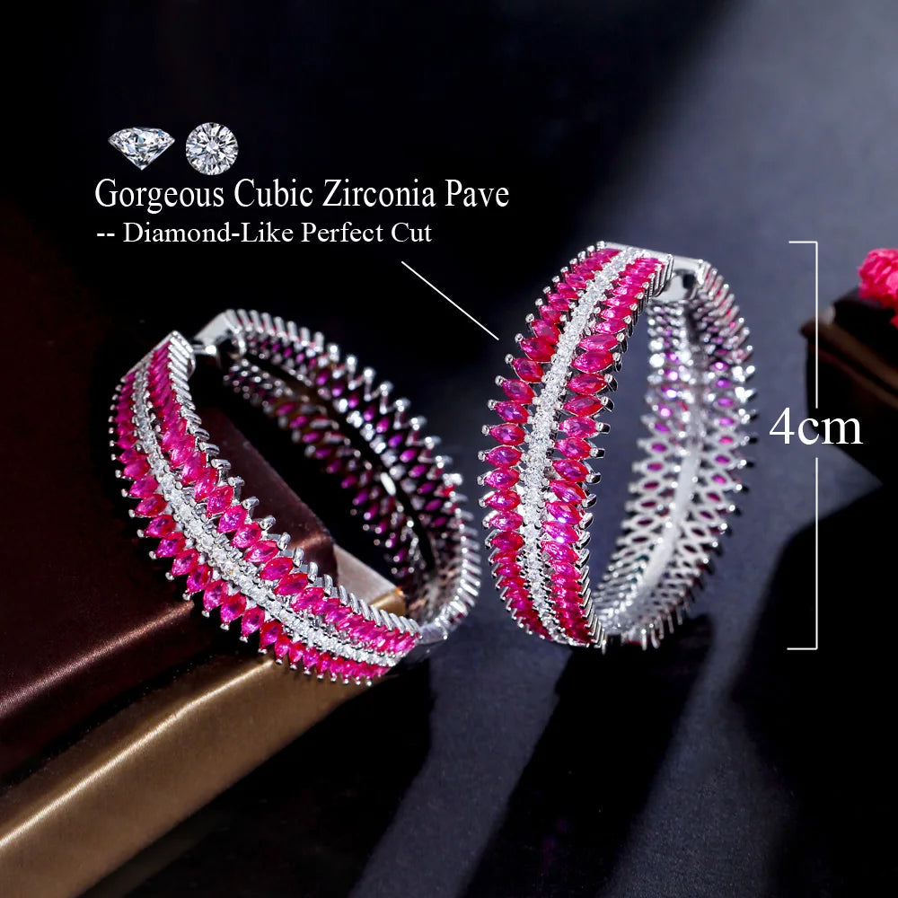 S&S Fuchsia Red Marquise CZ Two-Sided Chunky Hoop Earrings – Rhodium Silver Plated – Collection