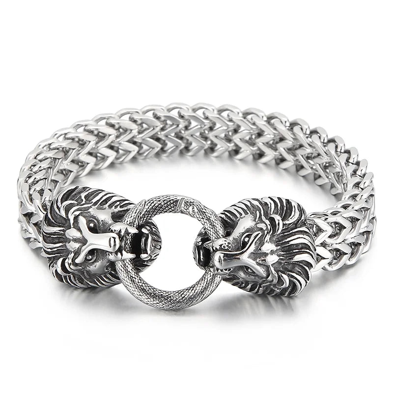 VIKING Mens Lion Head Herringbone Link Bracelet – Silver & Gold