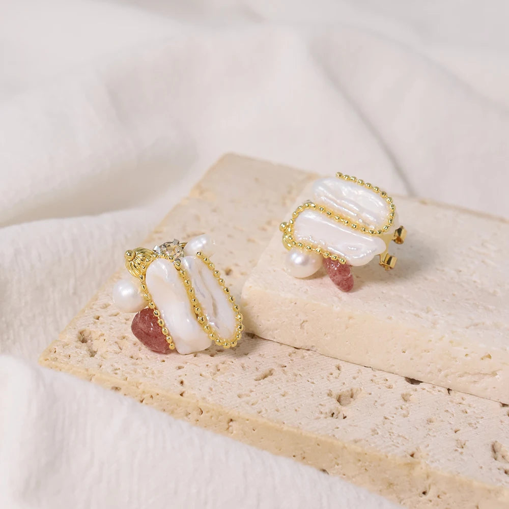 Natural Freshwater Baroque Pearl Strawberry Crystal Earrings Korean Style Women Luxury Jewelry Fashion Ladies and Girls Gift