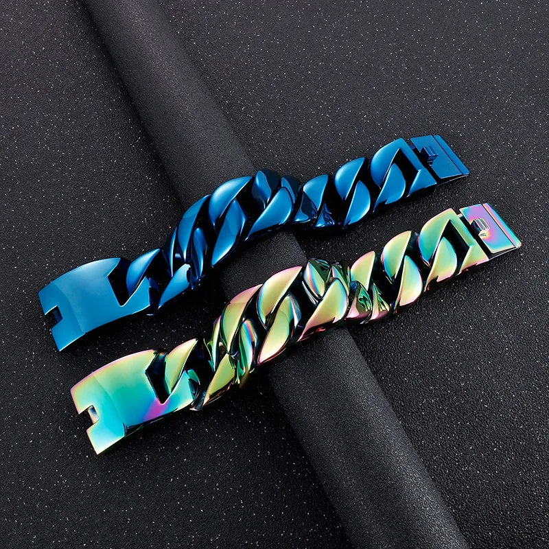 KALEN 215/220/230mm Blue/Rainbow Stainless Steel Hip-hop Cuban Link Bracelets