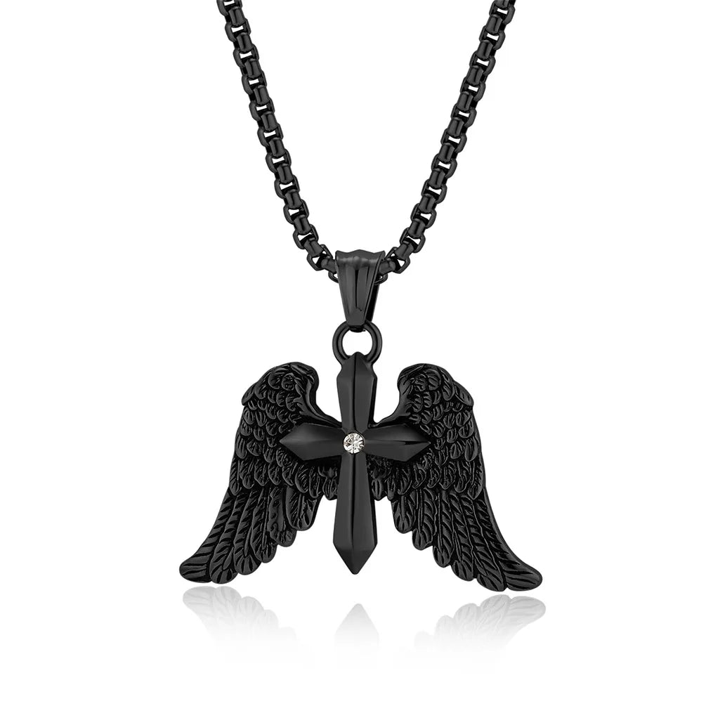 S&S Novirassine Black Gun Plated Stainless Steel Angel Wing Cross Pendant Necklace Vintage Link Hypoallergenic Unisex Party Jewelry