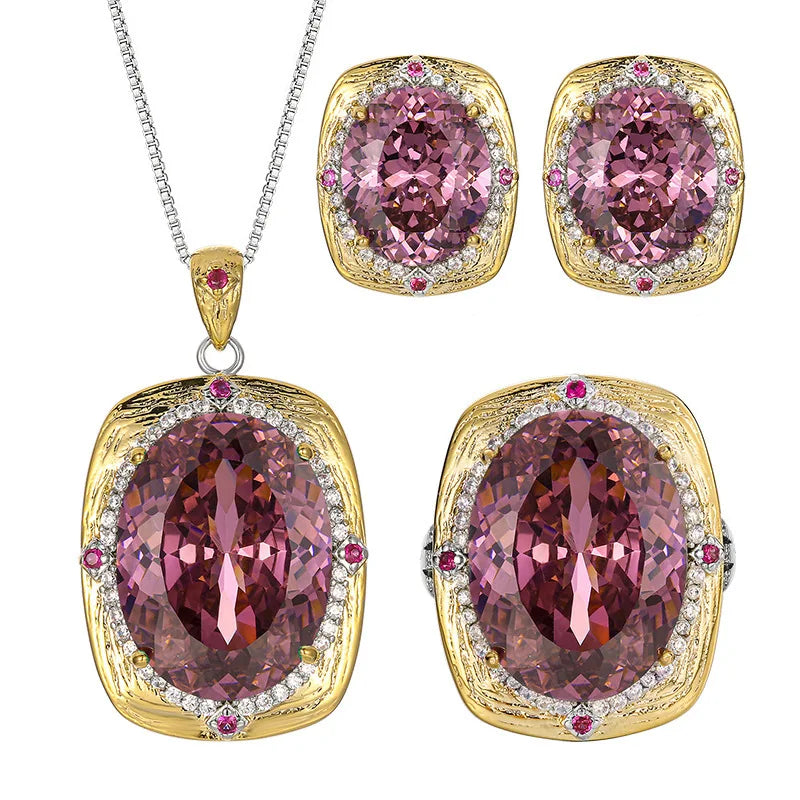 Gemfiori New Vintage Royal Amethyst Elegant Jewelry Cushion Cut Purple Gem Halo Pendant Necklace Earrings Ring Luxury Party Gifts for Her