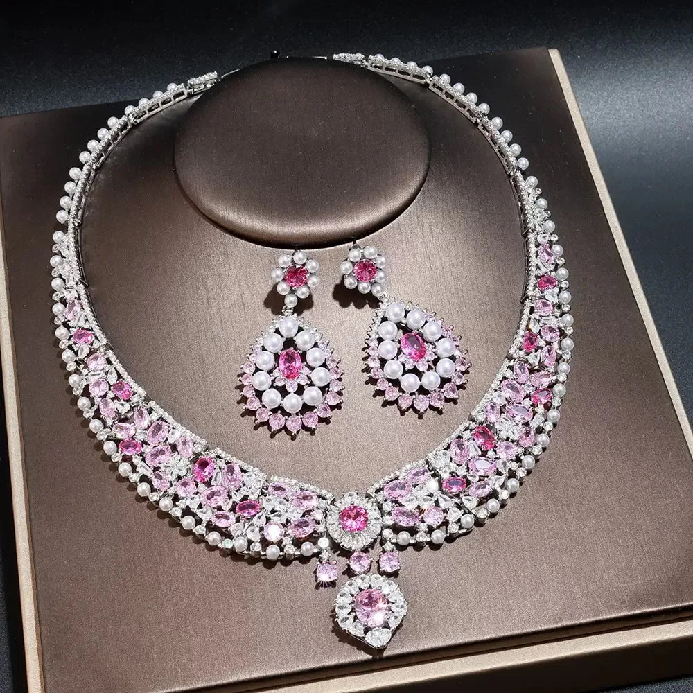 Bella Viva Luxury Pink Bridal Jewelry, Platinum Plated Brass & Cubic Zirconia Necklace and Earring Sets, for Wedding and Party