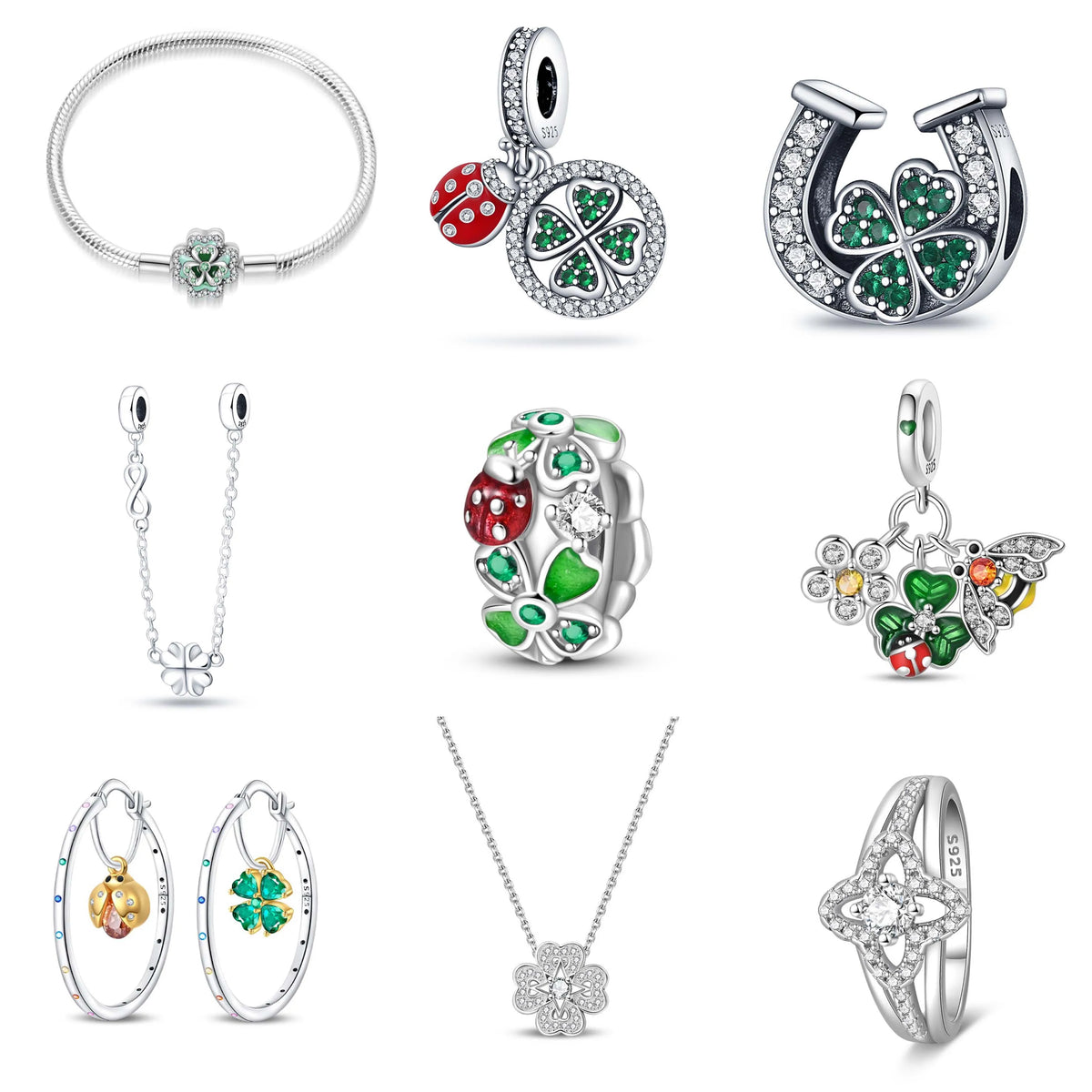 S&S Four Leaf Clover Zircon & Enamel 925 Silver Jewellery | Rings, Earrings, Bracelet & Pendant | S&S Collection