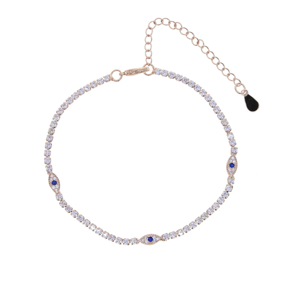 High Quality Summer Beach New Styles Paved Clear Blue CZ Evil-Eye Charm Foot Anklet 2mm Tennis Link Chain Jewelry for Women Girl