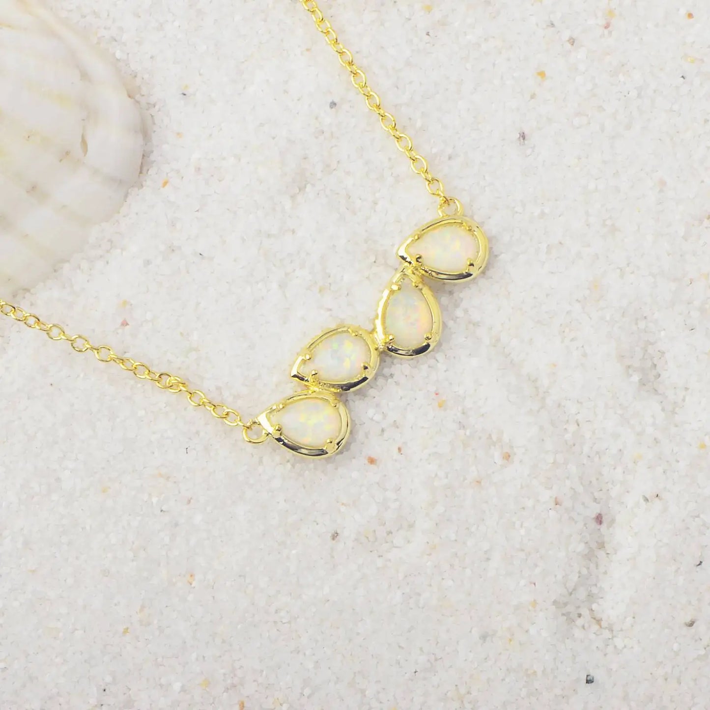 Aobao Christian Gold Plated Copper Alloy Minimalist Water Drop Lab Created Opal Link Chain Sweater Necklace for Women-Gift
